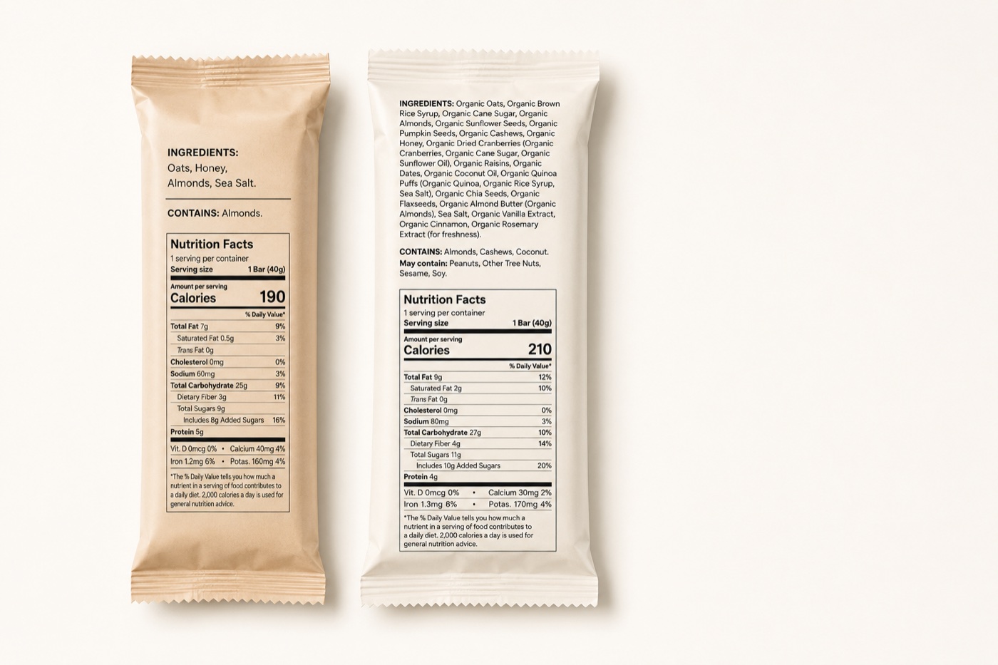 Two snack bars side by side, one listing four ingredients and one listing more than twenty, with both nutrition panels visible