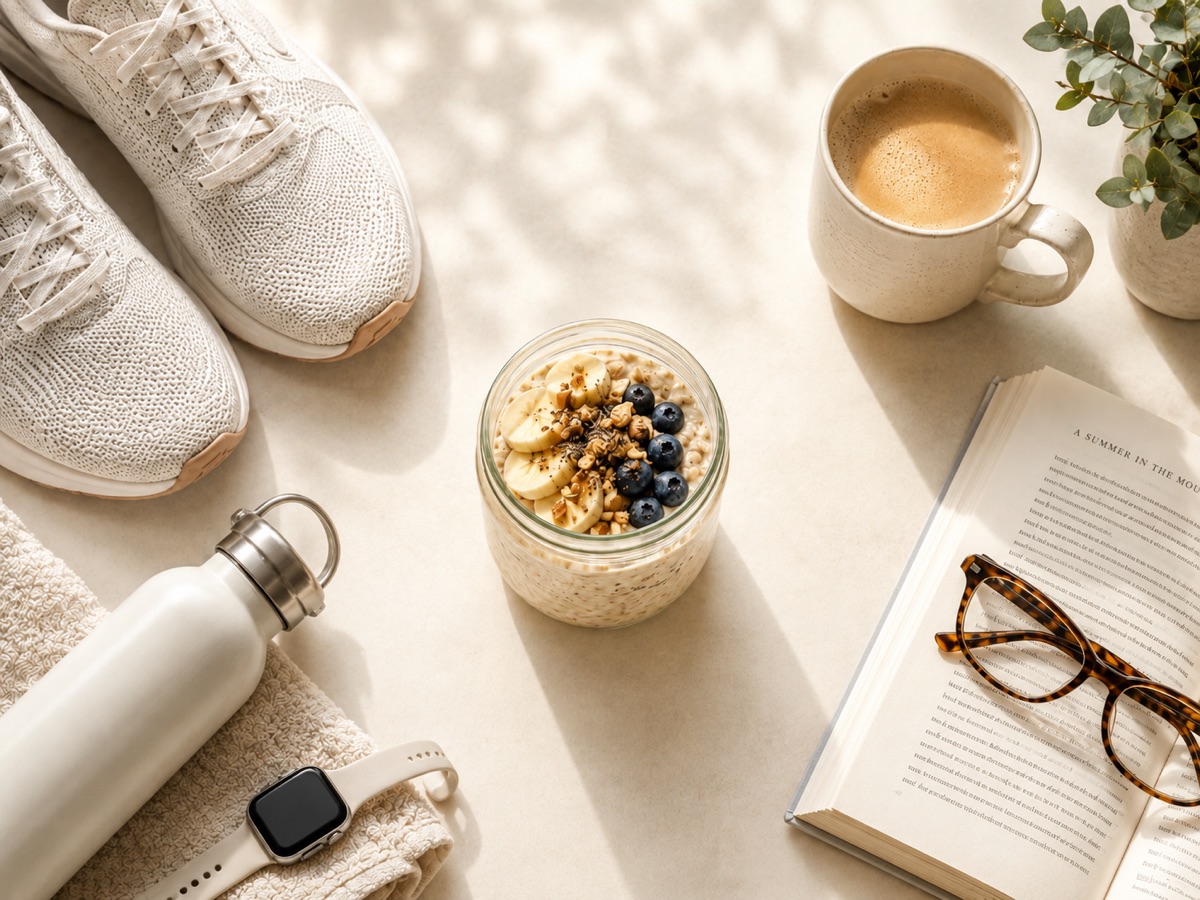 A jar of overnight oats between two settings: running shoes and a water bottle on one side, a coffee mug, open book, and glasses on the other