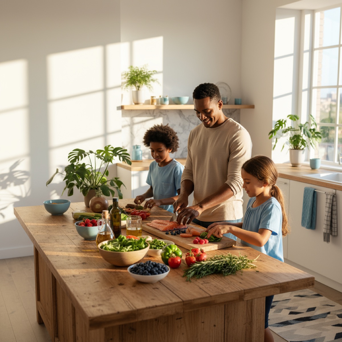 A parent and two children preparing fresh vegetables and salmon together at a kitchen counter