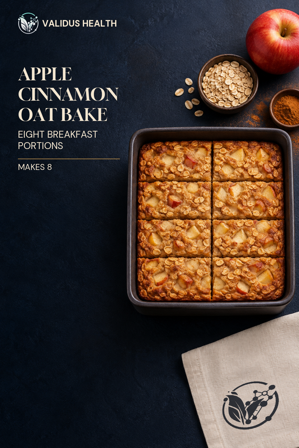 Apple Cinnamon Oat Bake on a dark editorial cover with a clear recipe title and an exact mark on a linen napkin.