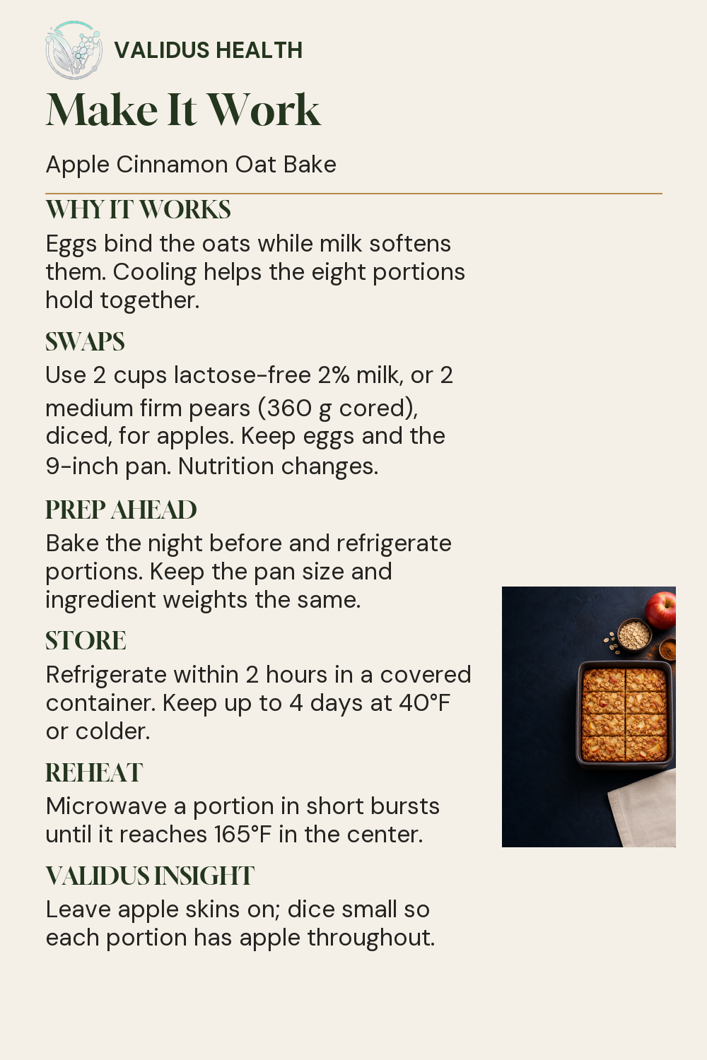 Storage, reheating, substitution and prep-ahead guidance for Apple Cinnamon Oat Bake, beside a photograph of the finished dish.