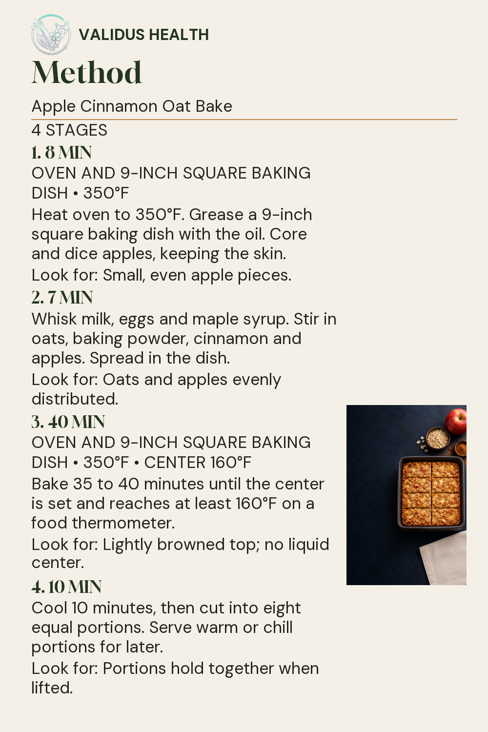 Four complete cooking stages for Apple Cinnamon Oat Bake, with Fahrenheit temperatures and doneness checks, beside the finished dish.