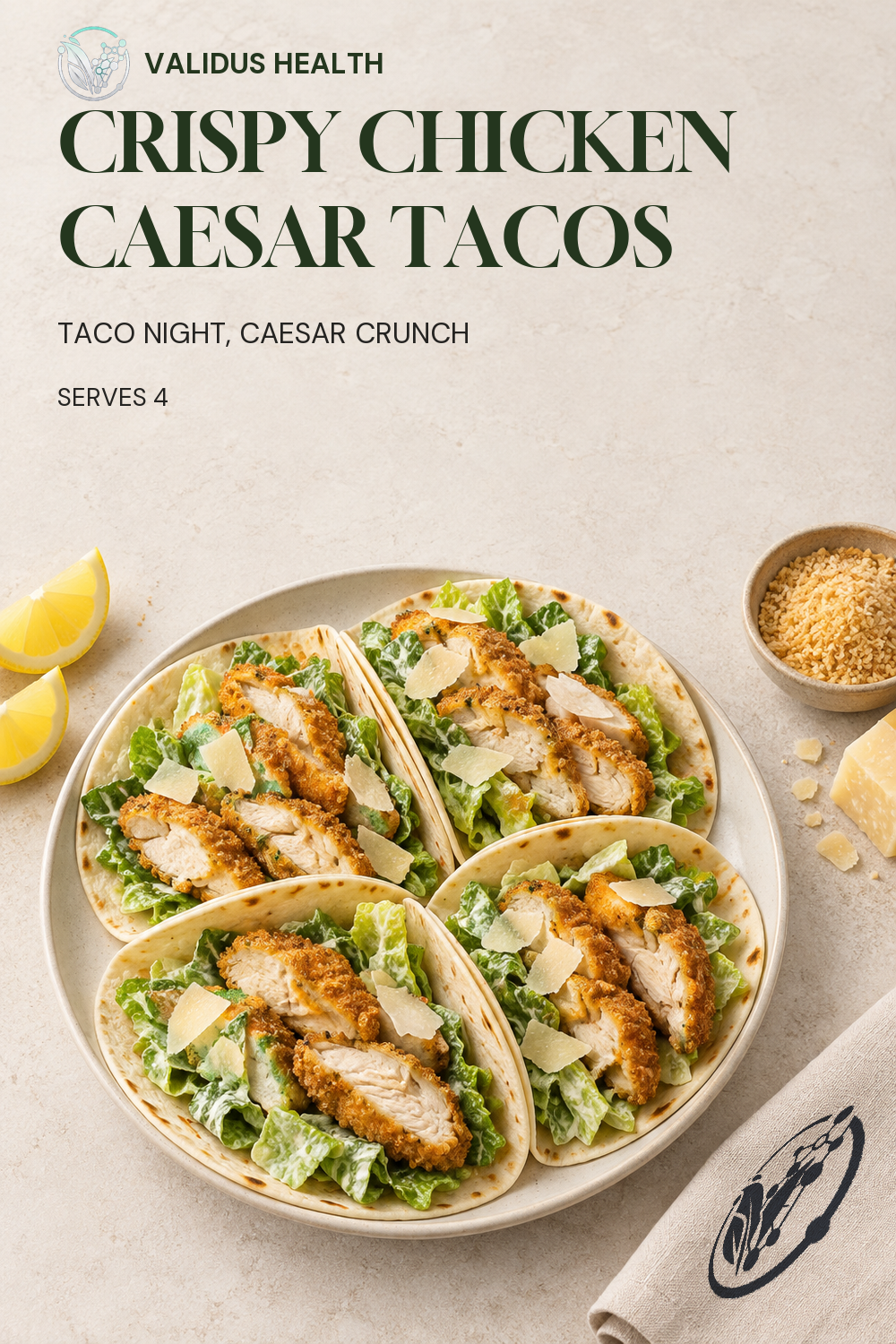 Crispy Chicken Caesar Tacos on a light editorial cover with a clear recipe title and an exact mark on a linen napkin.