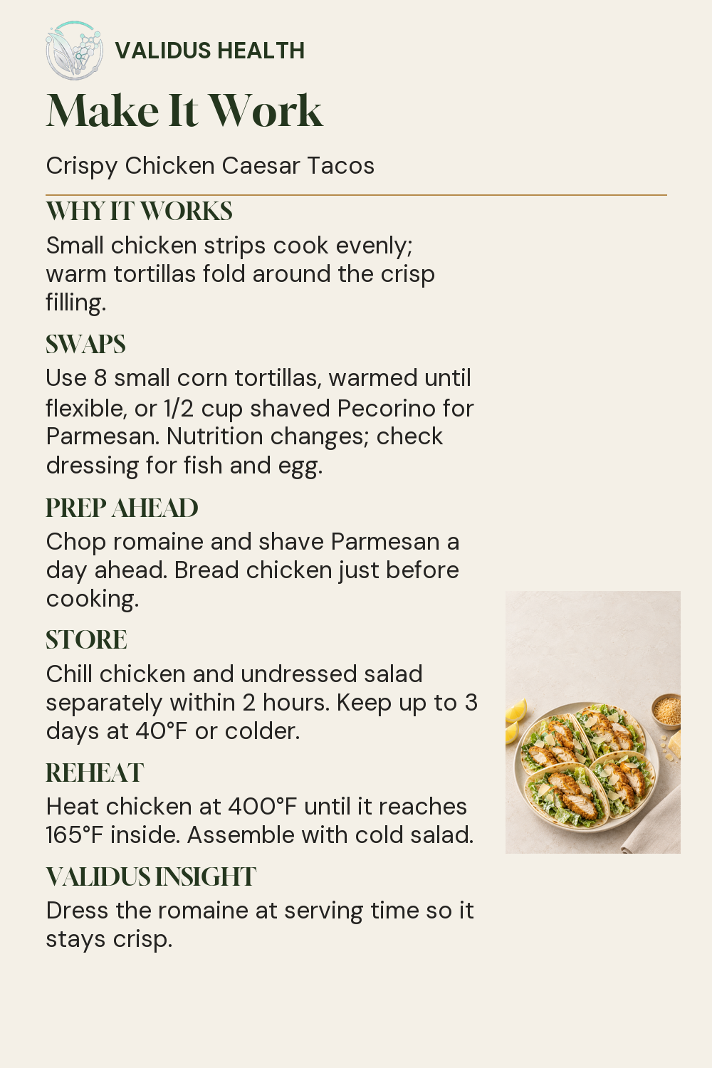Storage, reheating, substitution and prep-ahead guidance for Crispy Chicken Caesar Tacos, beside a photograph of the finished dish.