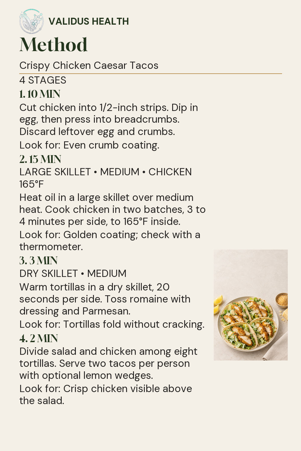 Four complete cooking stages for Crispy Chicken Caesar Tacos, with Fahrenheit temperatures and doneness checks, beside the finished dish.