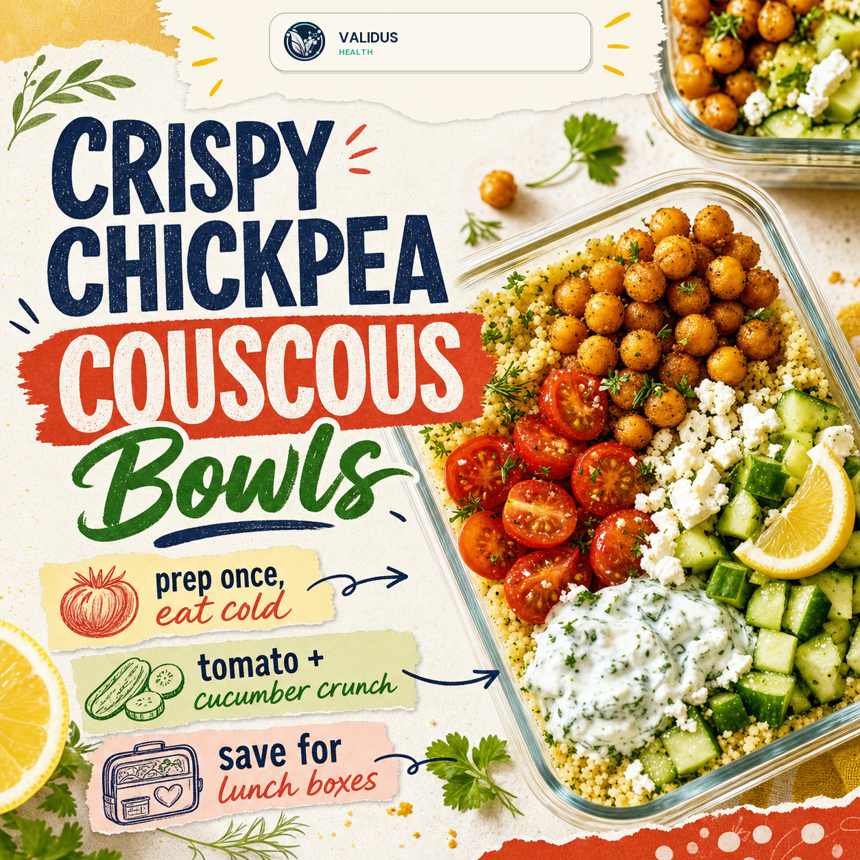 Crispy Chickpea Tomato Cucumber Couscous Prep Bowls