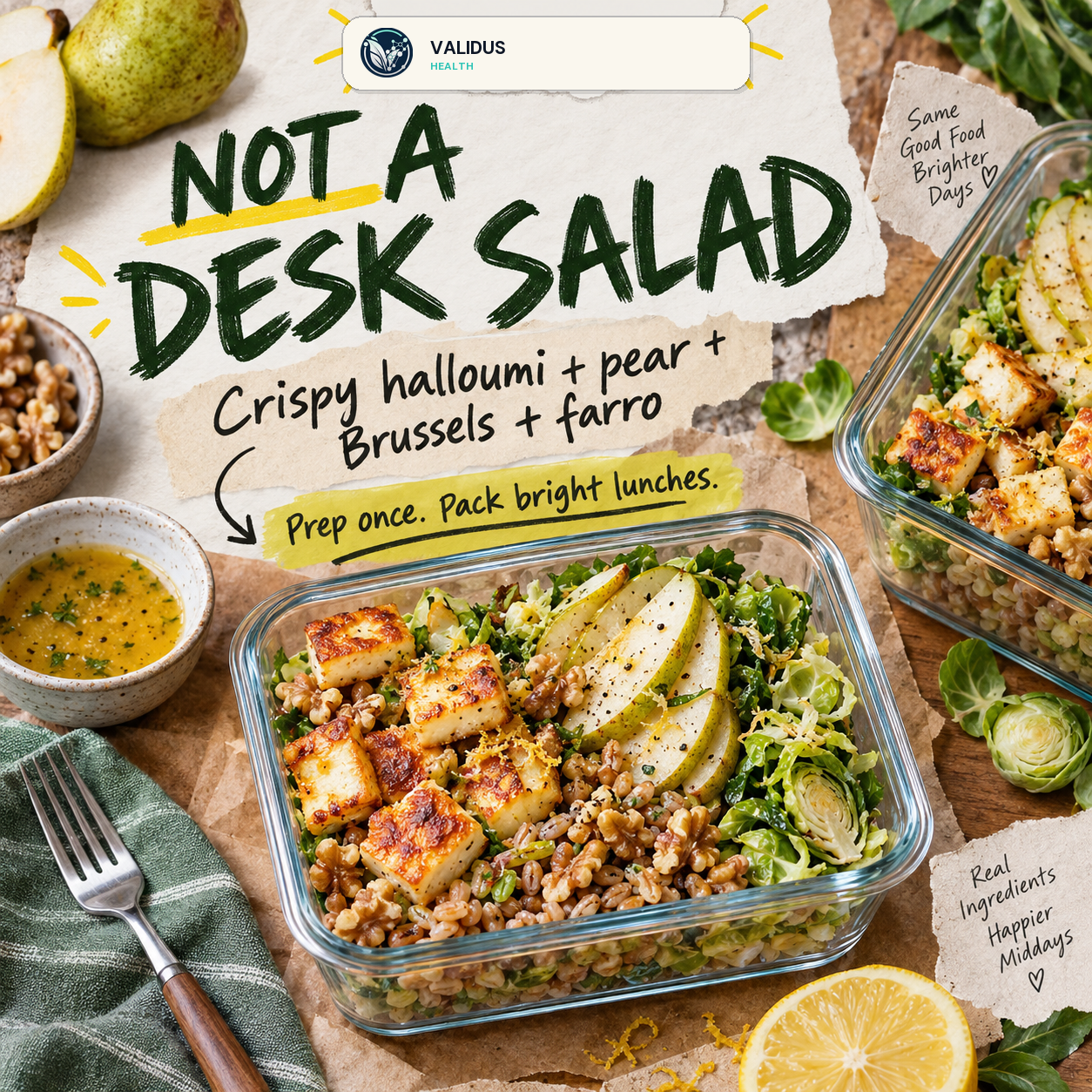 Crispy Halloumi Pear Brussels Farro Lunch Boxes slide 1
