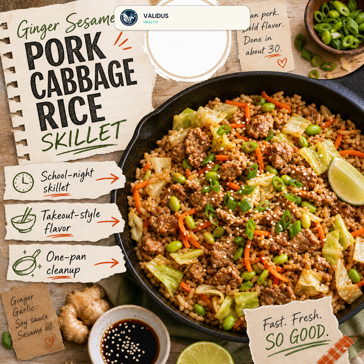 Ginger Sesame Pork Cabbage Rice Skillet