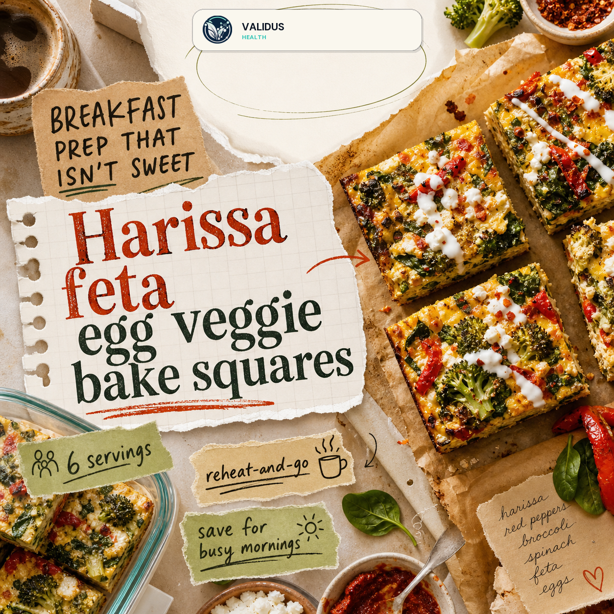 Harissa Feta Egg Veggie Breakfast Bake Squares