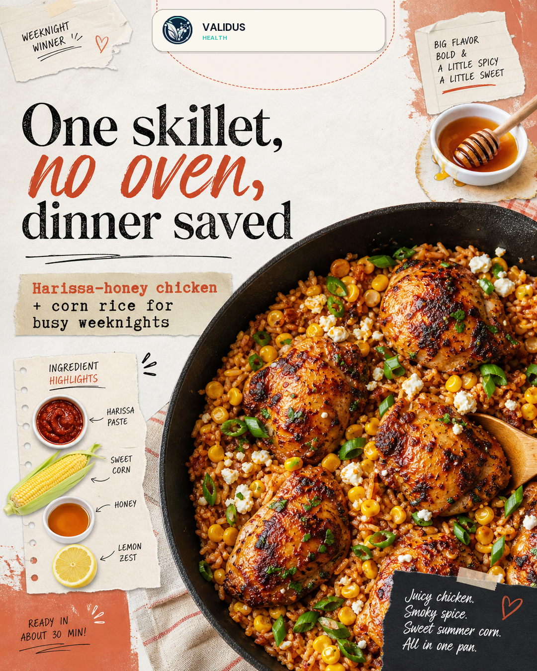 Harissa Honey Chicken Corn Rice Skillet