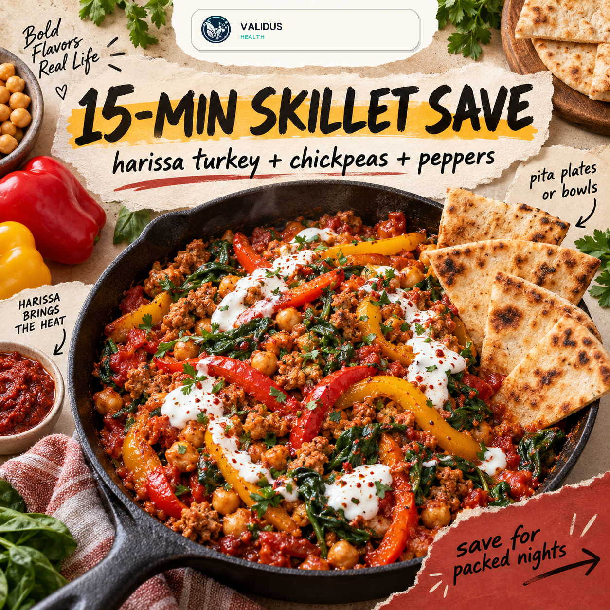Harissa Turkey Chickpea Pepper Pita Skillet slide 1