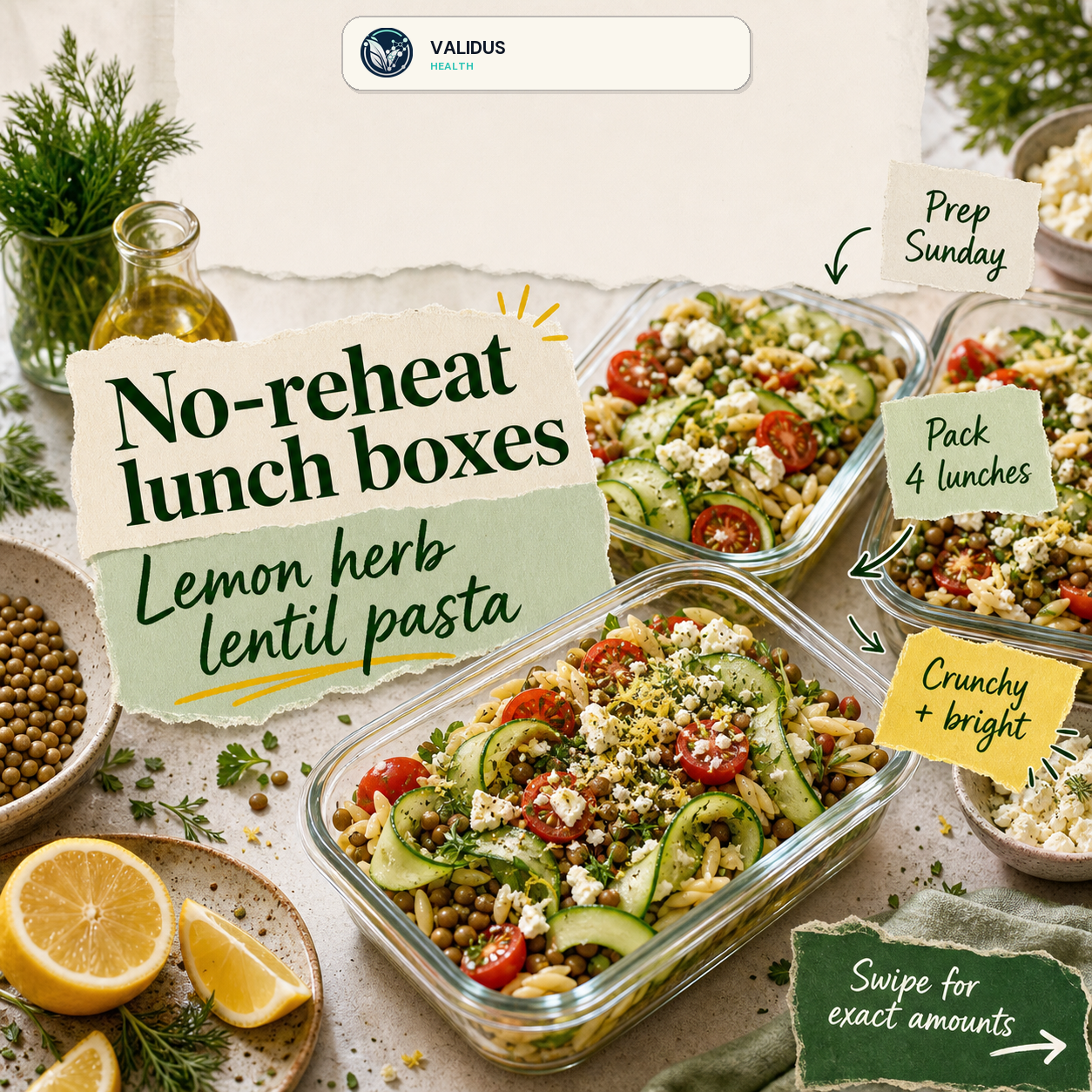 Lemon Herb Lentil Cucumber Pasta Lunch Boxes