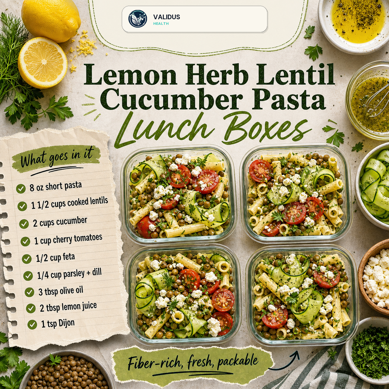 Lemon Herb Lentil Cucumber Pasta Lunch Boxes slide 2