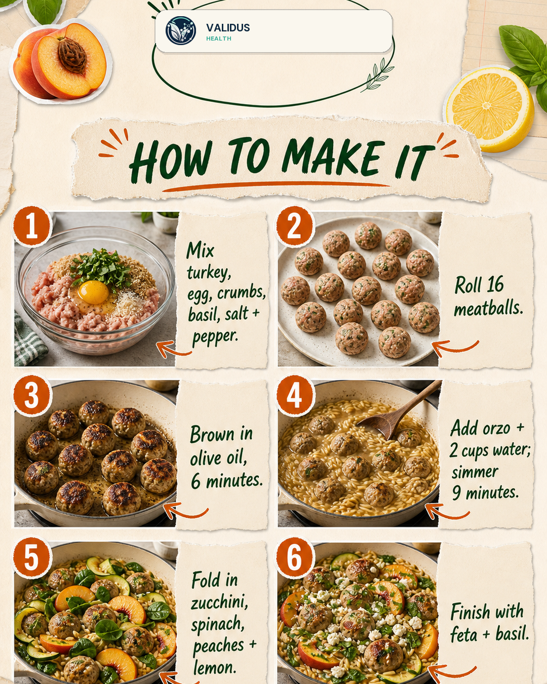 Peach-Basil Turkey Meatball Orzo Skillet slide 3