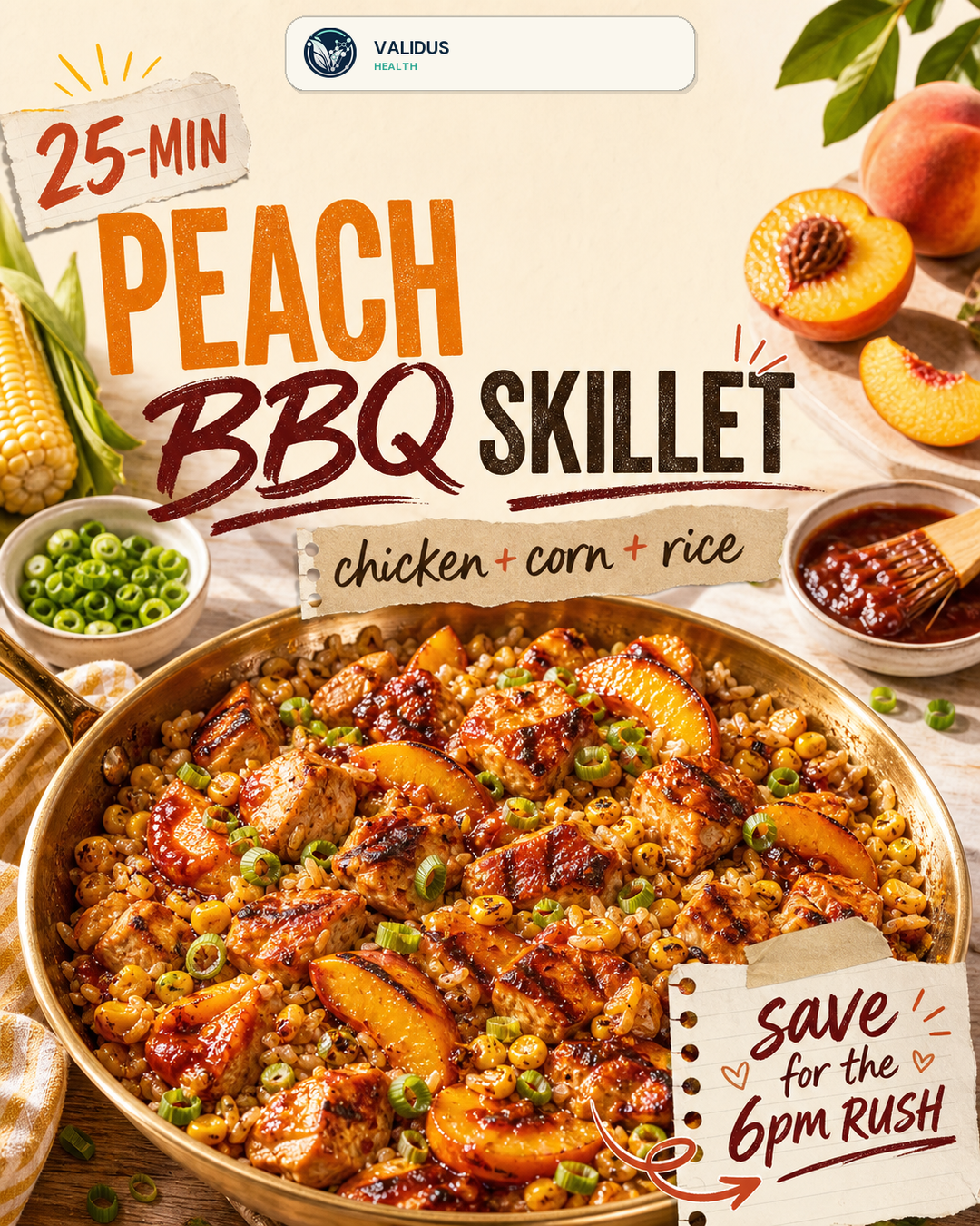 Peach-Corn BBQ Chicken Rice Skillet