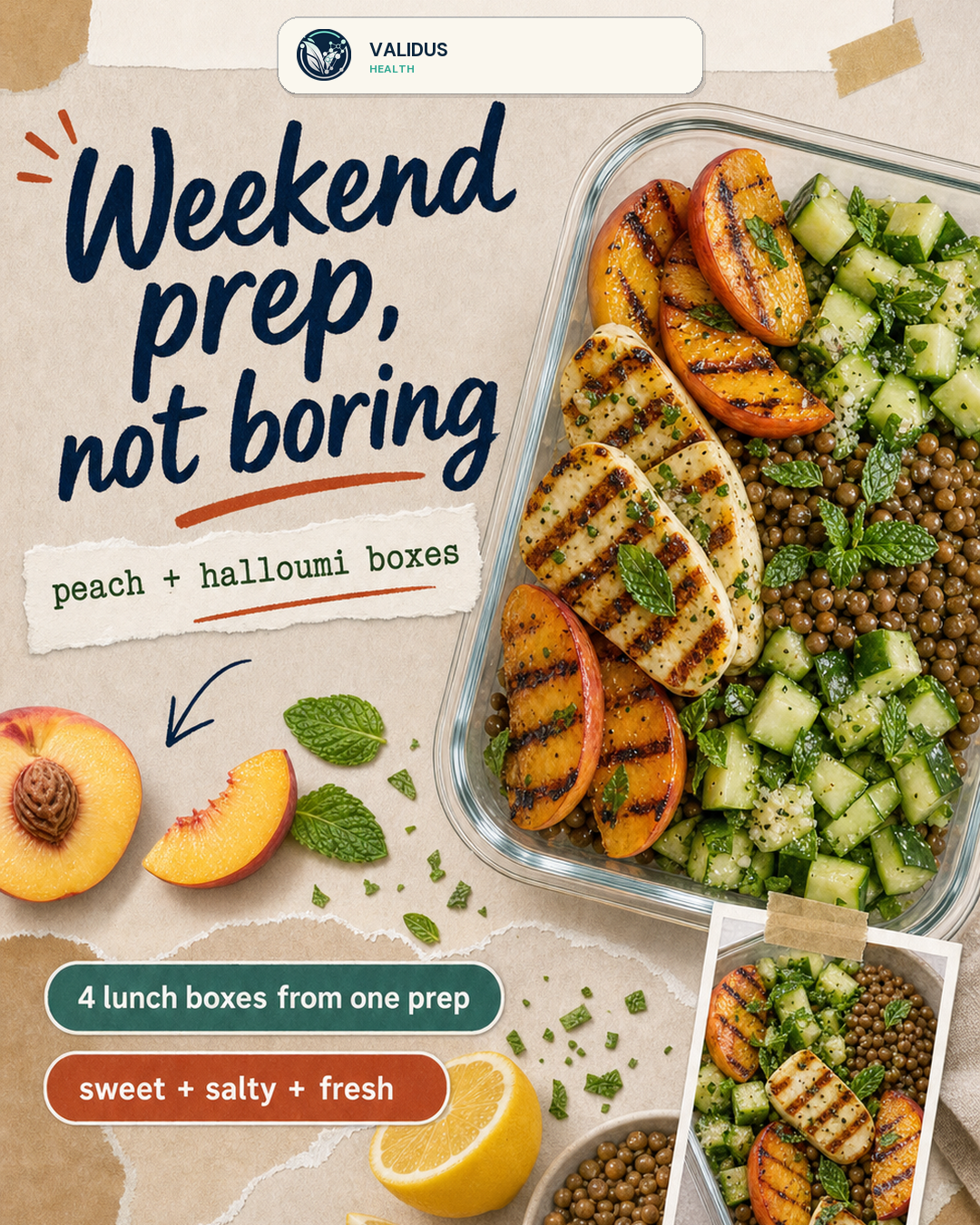 Peach Halloumi Lentil Cucumber Boxes