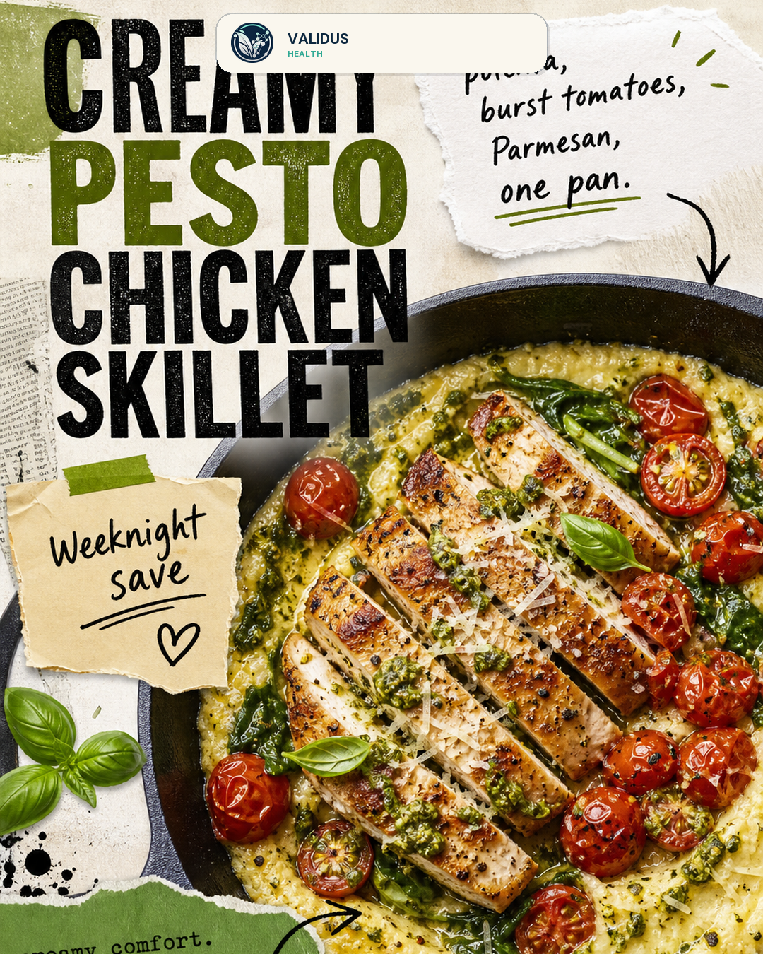 Pesto Chicken Parmesan Polenta Skillet