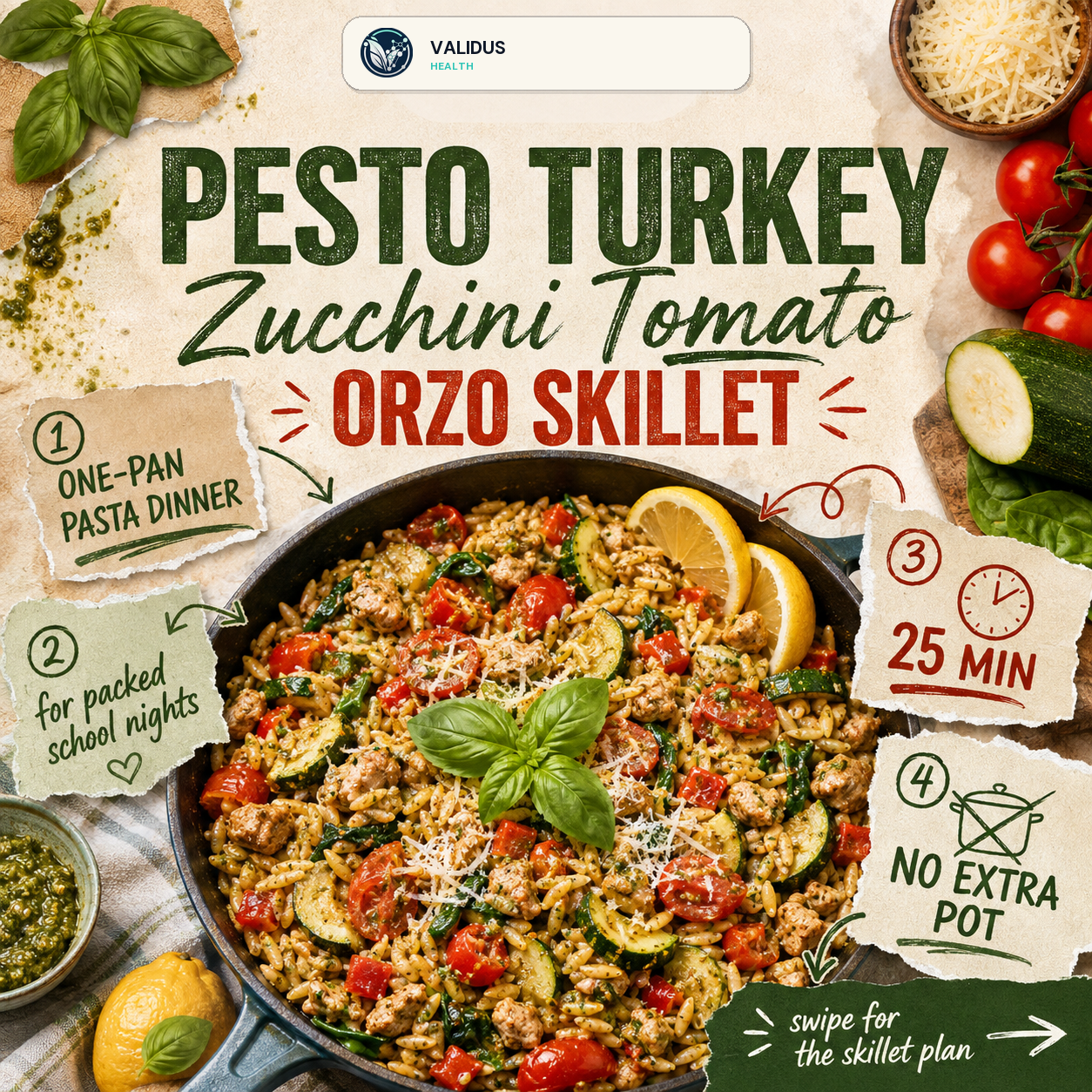 Pesto Turkey Zucchini Tomato Orzo Skillet