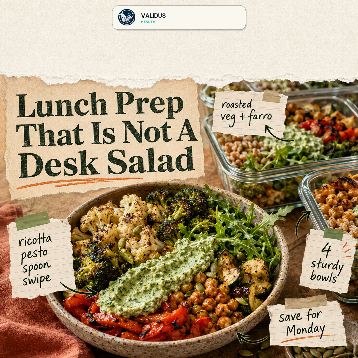 Roasted Veggie Ricotta Pesto Farro Bowls