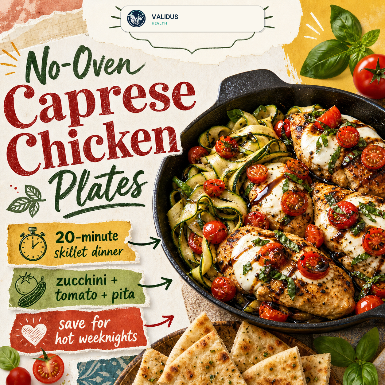 Skillet Chicken Caprese Zucchini Pita Plates