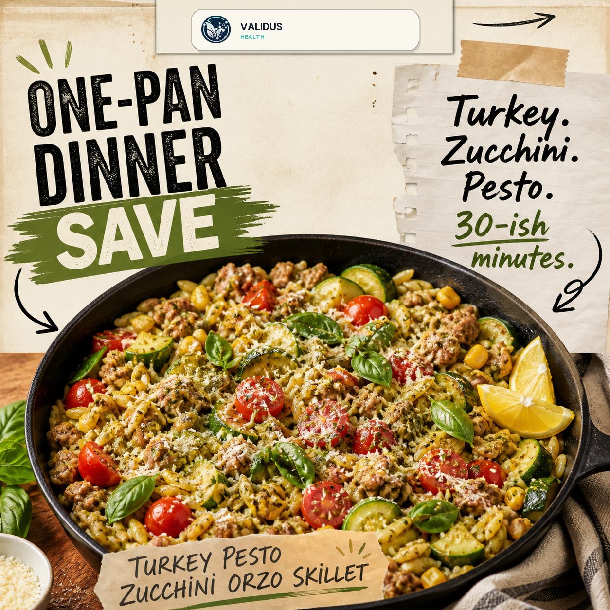Turkey Pesto Zucchini Orzo Skillet